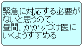緊急に対応する必要がないと思うので、昼間、かかりつけ医にいくようすすめる